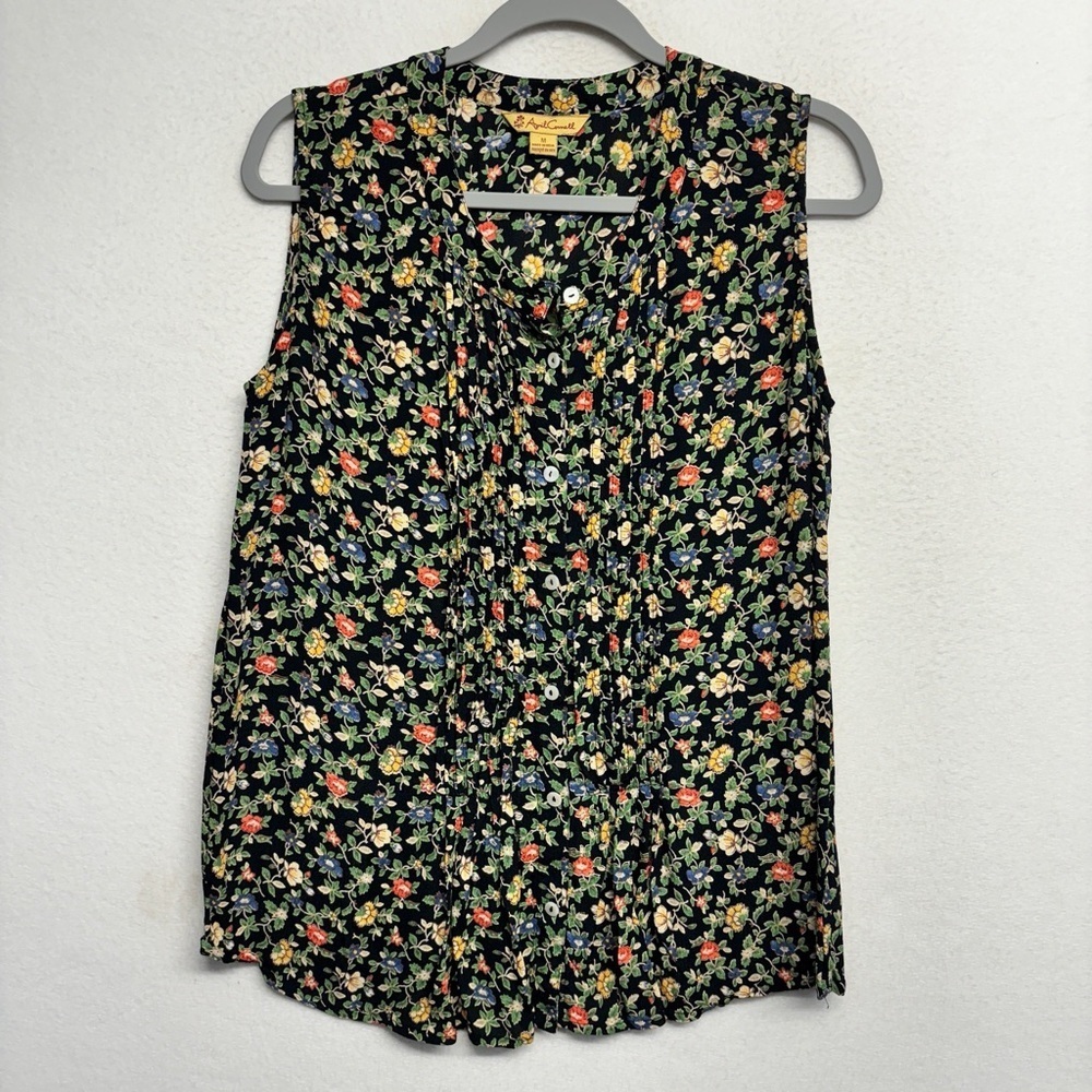 April Cornell Floral Button Down Tank‎ Blouse Black M Pleated Detail